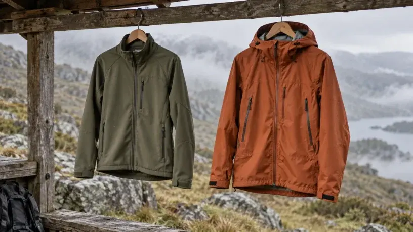 Illustration einer olivfarbenen Softshell und einer orangefarbenen Hardshell an einer Schutzhütte