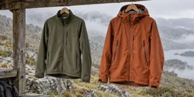 Illustration einer olivfarbenen Softshell und einer orangefarbenen Hardshell an einer Schutzhütte